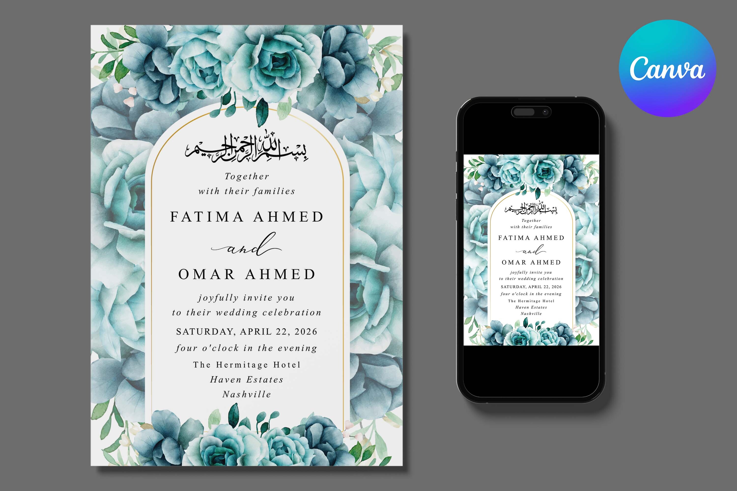 Green Floral Muslim Wedding Invitation