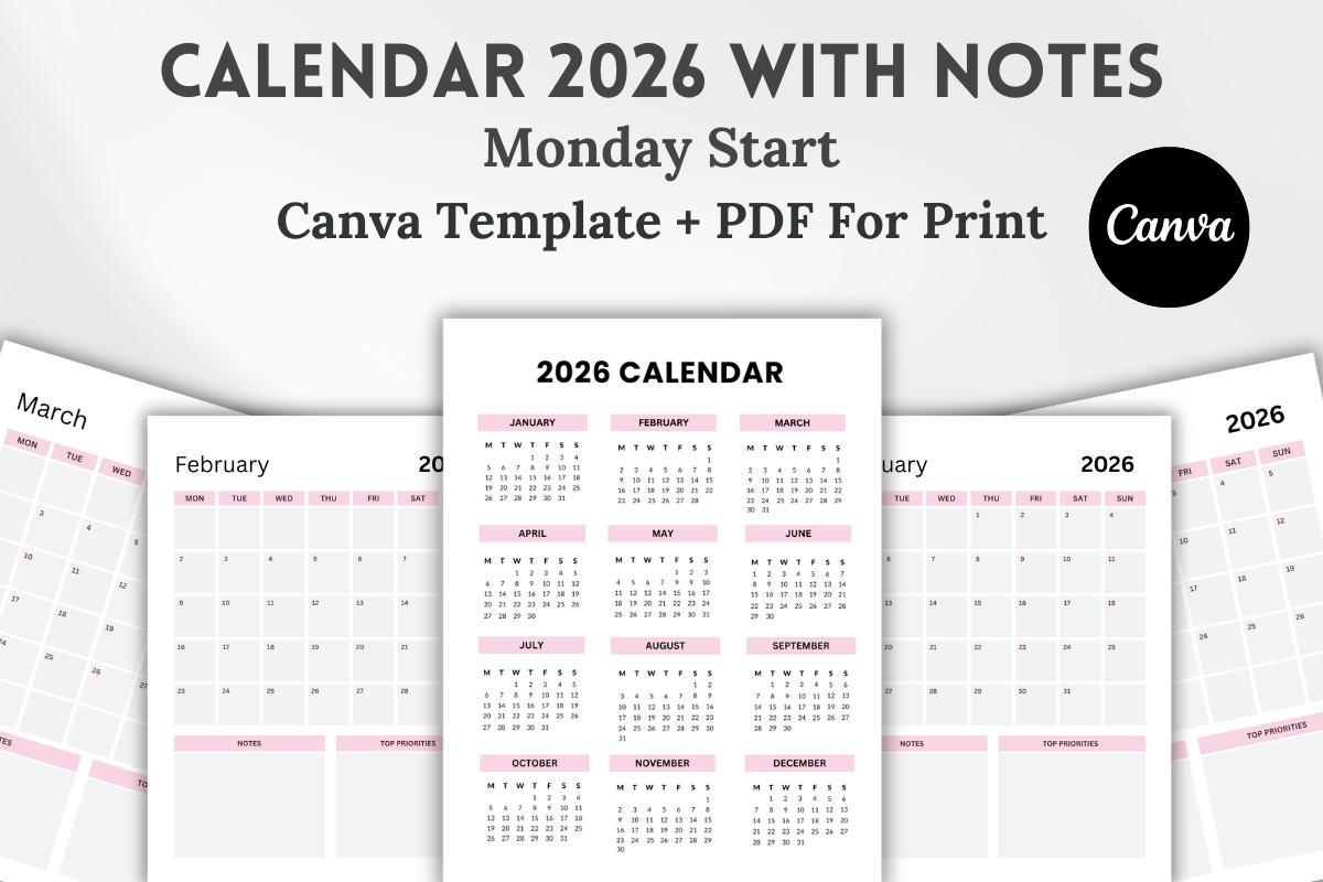 Monthly Calendar 2026 with Notes Graphic by Grow Your Biz · Creative ...