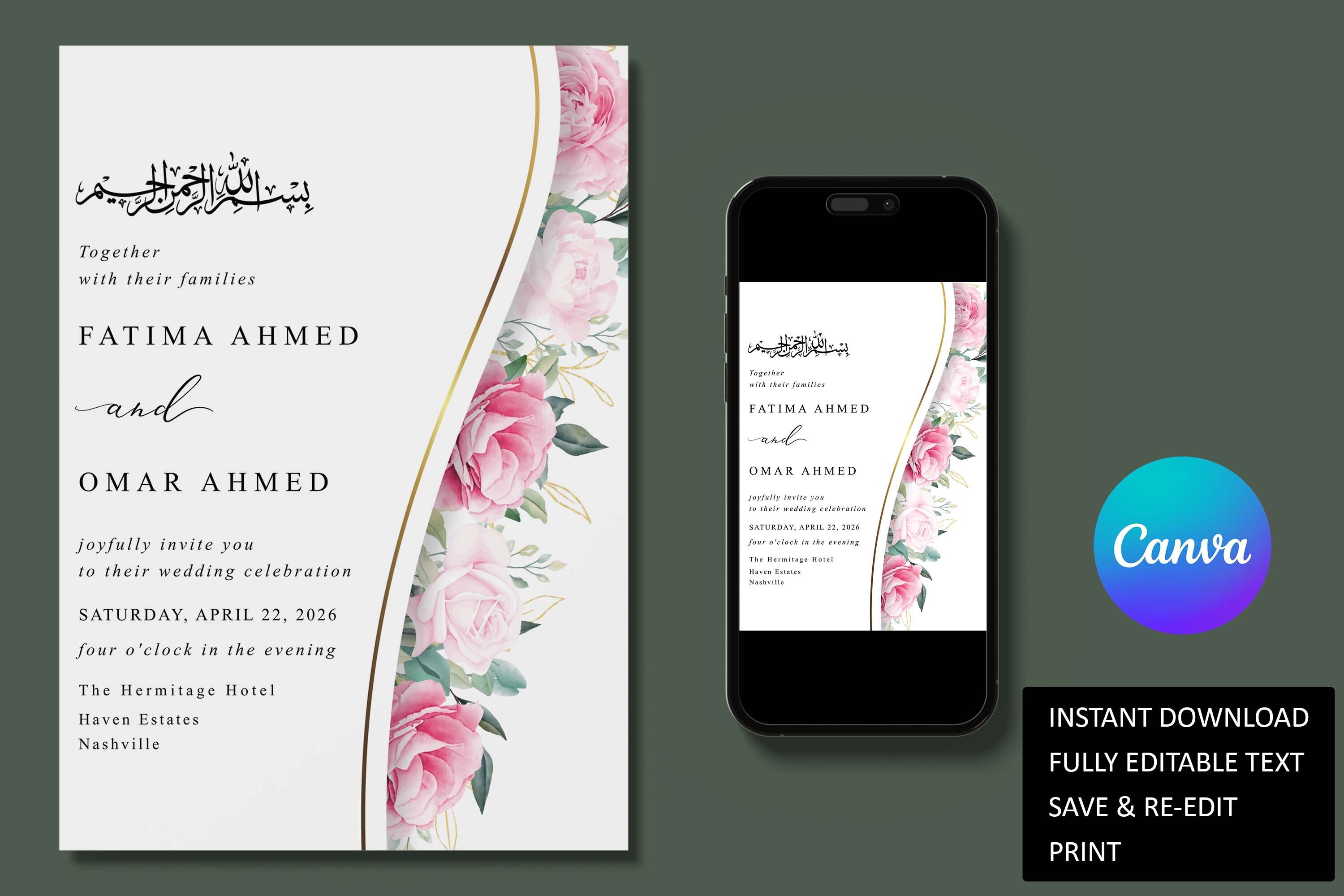Pink Flowers Muslim Wedding Invitation