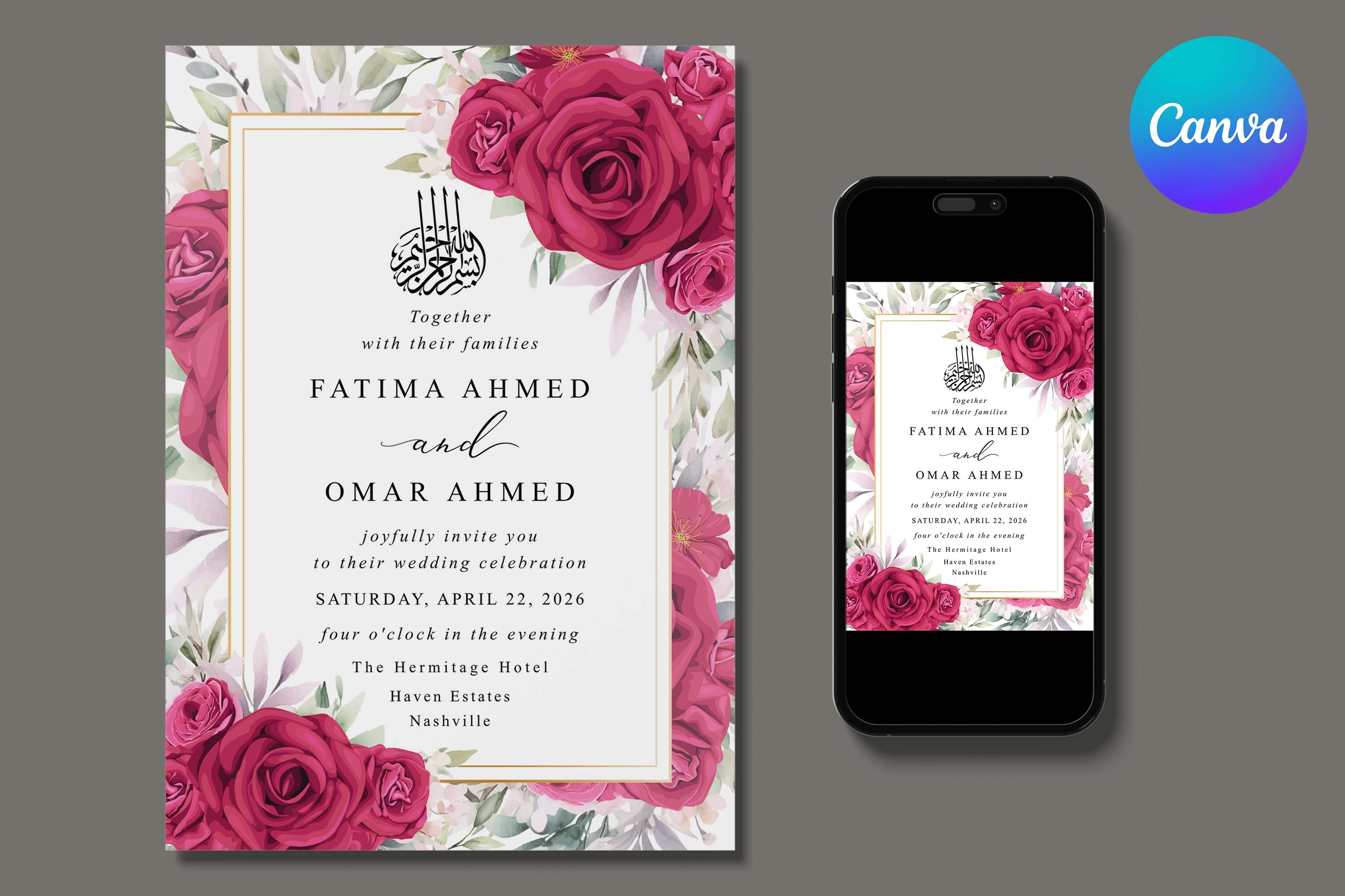Red Floral Islamic Wedding Invitation