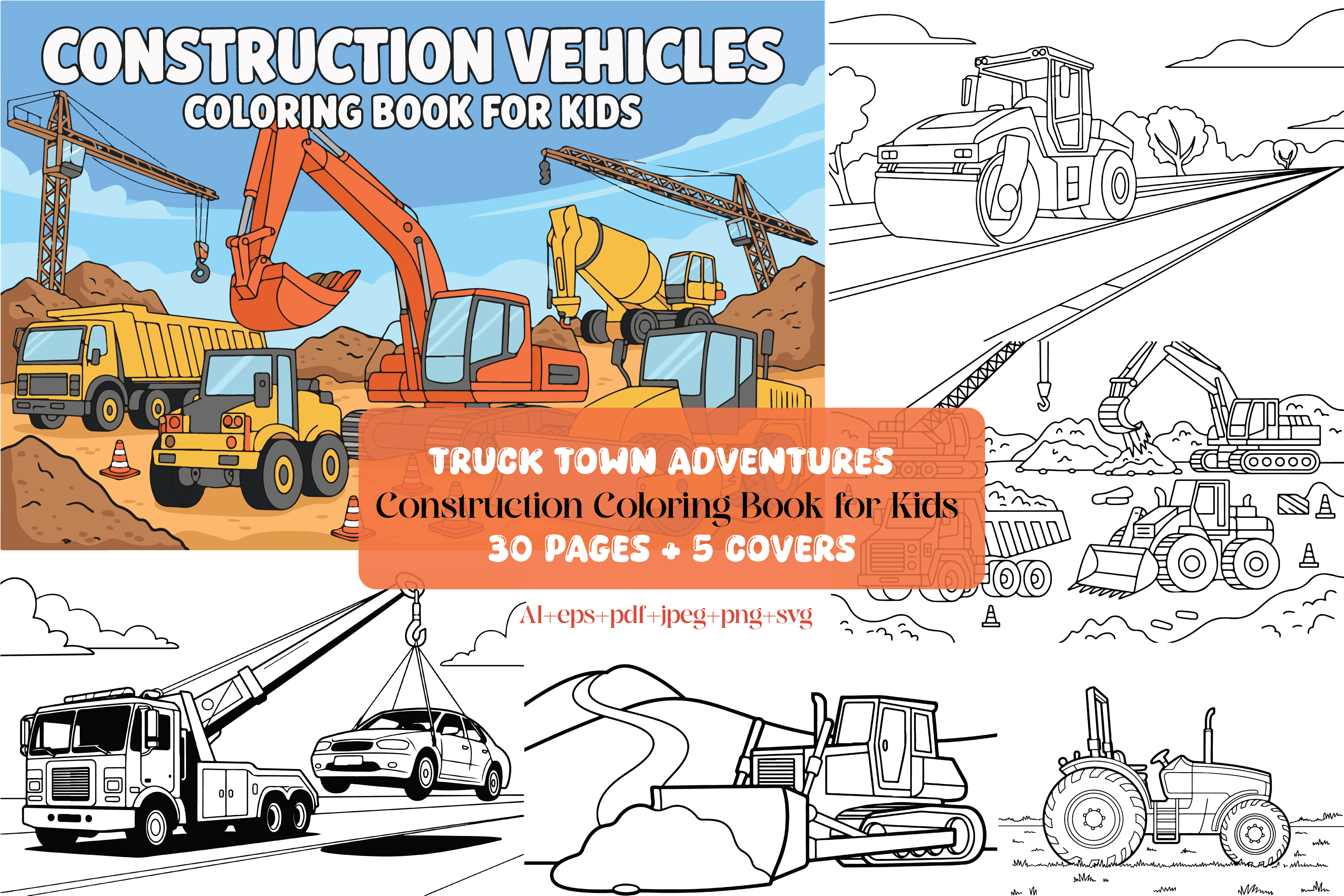 Truck Town Coloring Book - 30 Pages