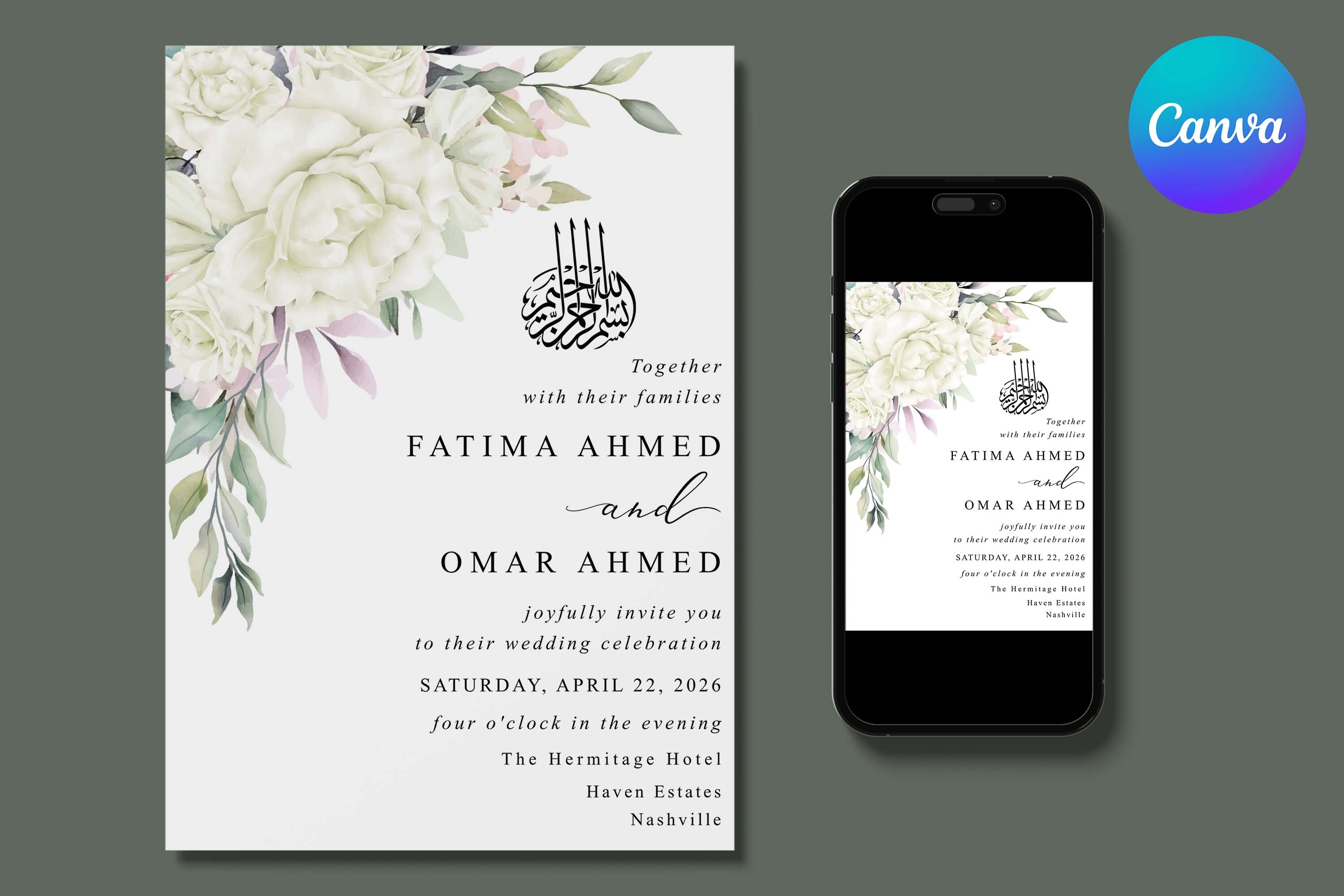 White Flowers Islamic Wedding Invite