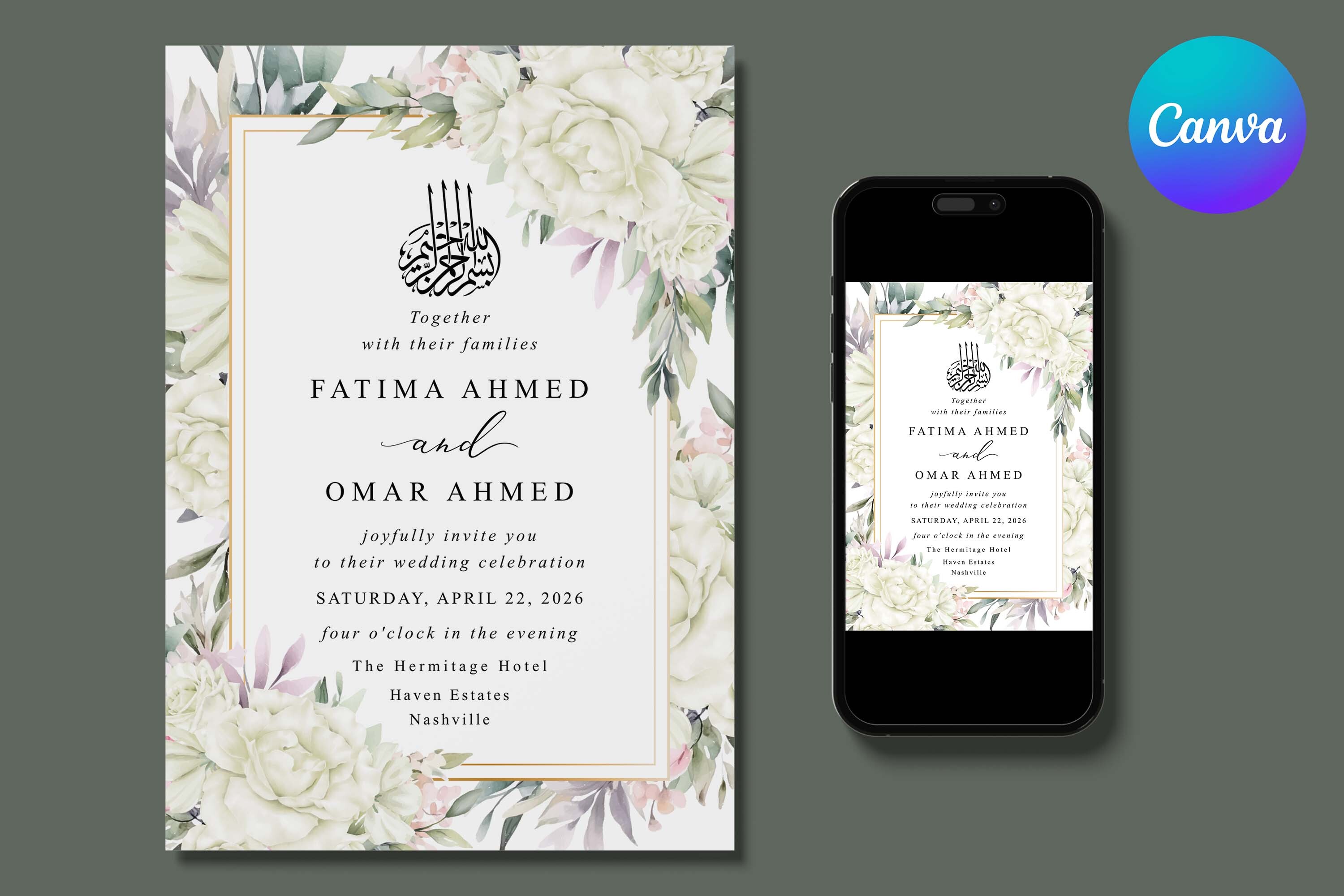 White Roses Islamic Wedding Invite Canva