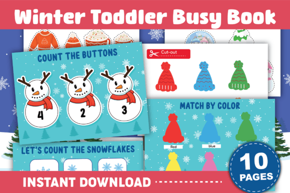 Winter toddler busy book with printable activity pages for cold weather play