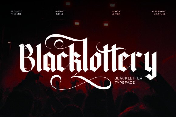 Preview specimen of Blacklottery blackletter font