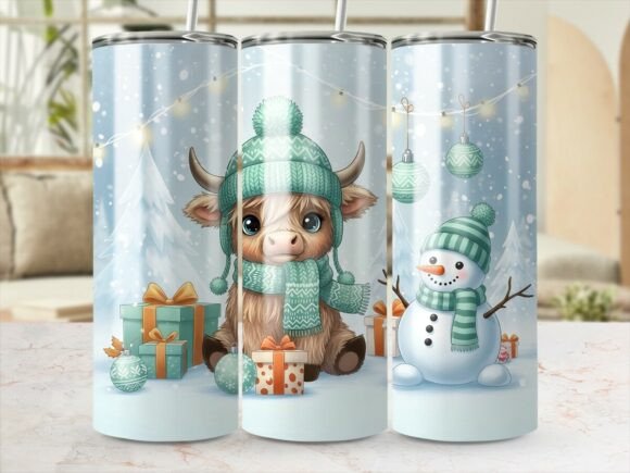 Cow and Snowman Winter Tumbler Wrap PNG