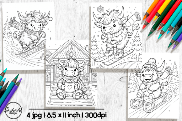 Cute Winter Highland Cow Coloring Pages