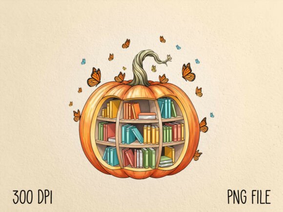 Pumpkin Bookshelf Autumn Reading PNG Gráfico Diseños de Camisetas Por Creative Community