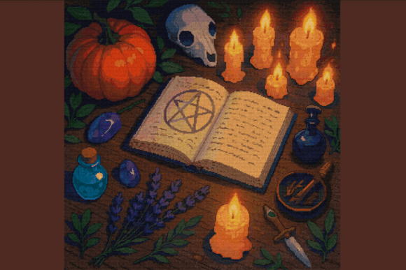 Spell Book, Pumpkin, Candles, Potions