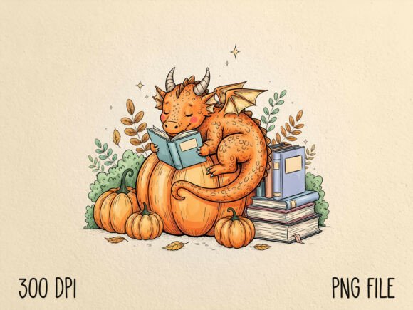 Cute Reading Dragon on Pumpkin PNG Gráfico Diseños de Camisetas Por Creative Community