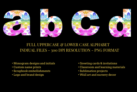 Rainbow Lotus Alphabet Set Font PNG with transparent background - Preview 1