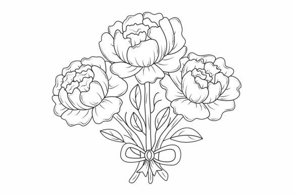 Three Black Line Peonies Grafik Druckbare Illustrationen Von o.m-lova