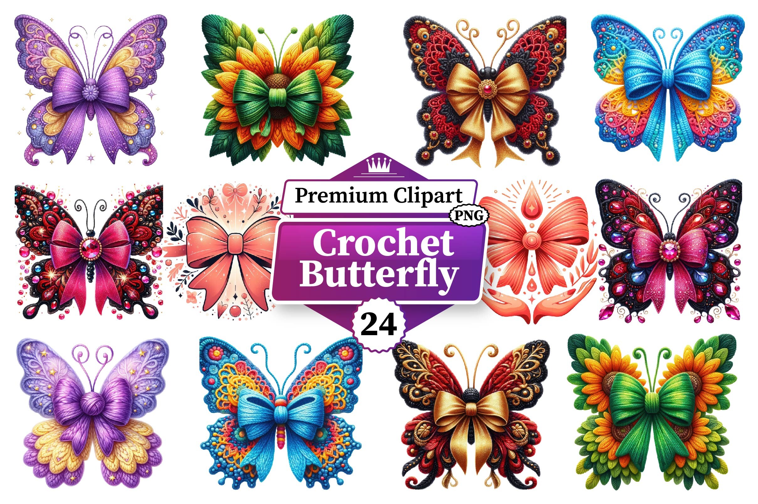 Crochet Butterfly Clipart Bundle