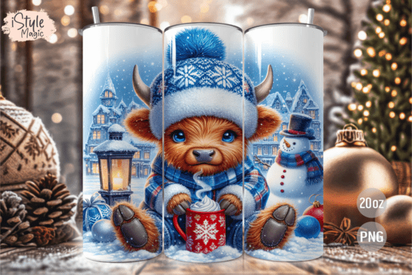 Blue Christmas Highland Cow Tumbler Wrap