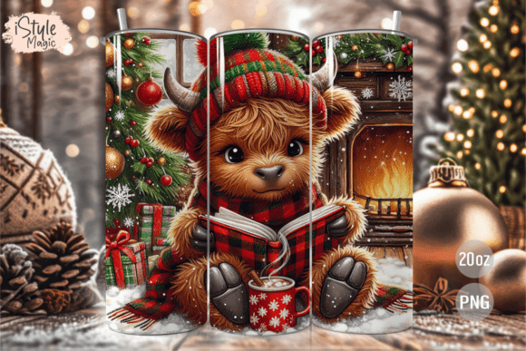 Christmas Highland Cow Tumbler Wrap PNG