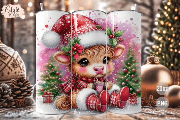 Pink Christmas Highland Cow Tumbler Wrap