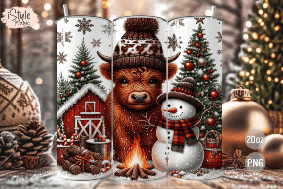 Rustic Christmas Cow Snowman Tumbler PNG