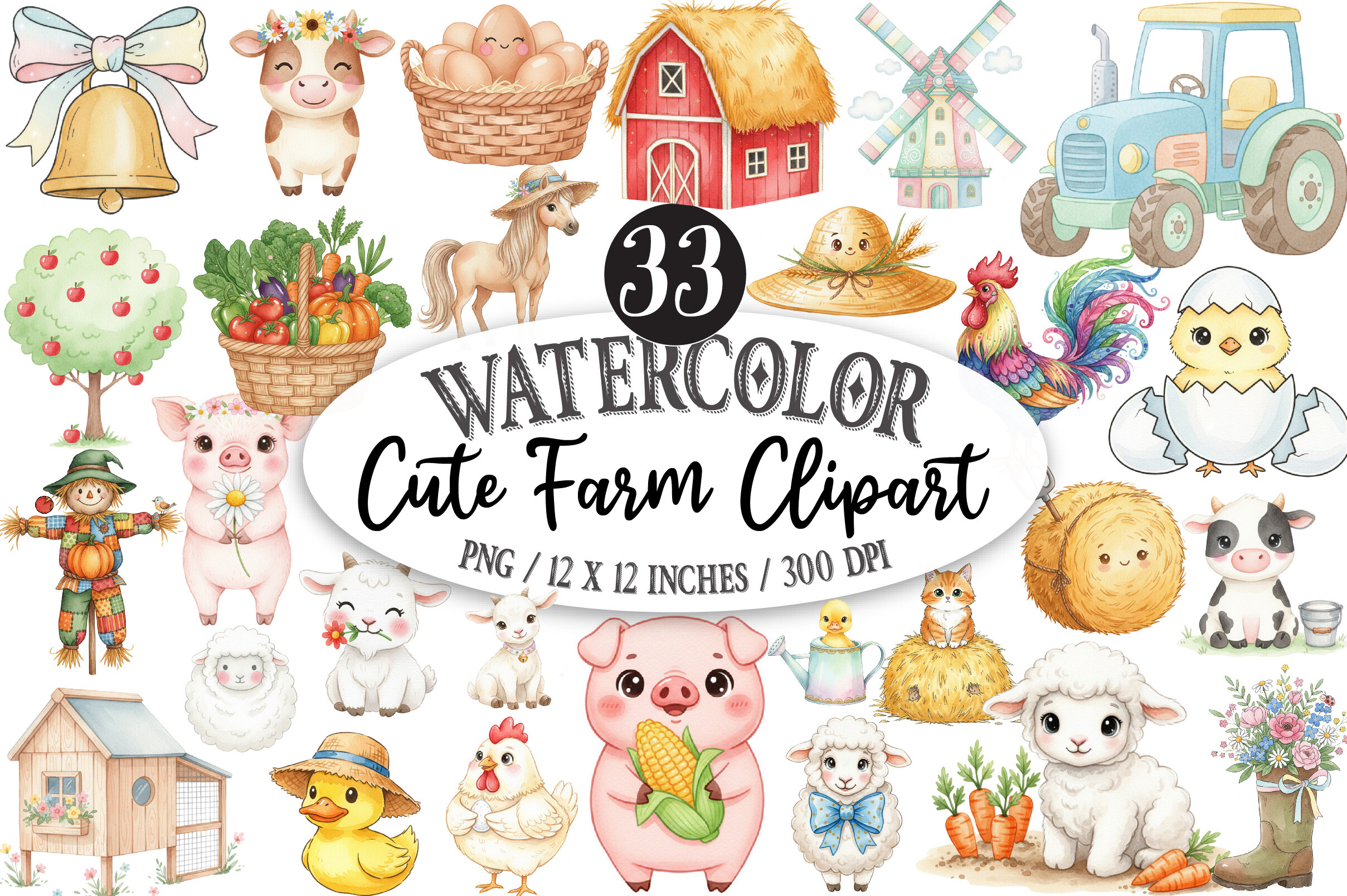 Watercolor Cute Farm Clipart Graphic by designking · Creative Fabrica