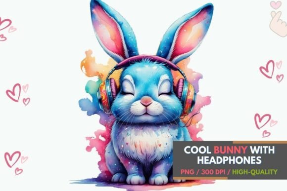 Cute Bunny with Headphones PNG nursery print