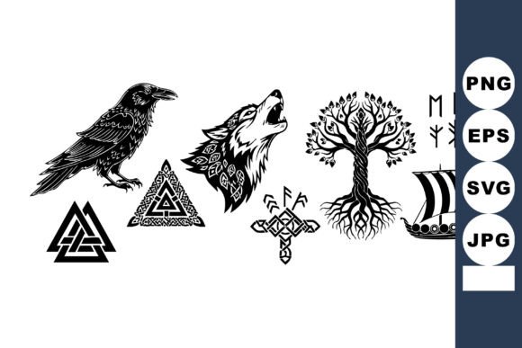 Viking Symbols and Norse Mythology Icons Graphic Illustrations By DesignVectx