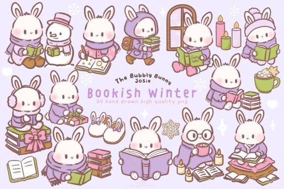 Kawaii Bunny Bookish Winter Clipart Graphic Illustrations By blumensdiary