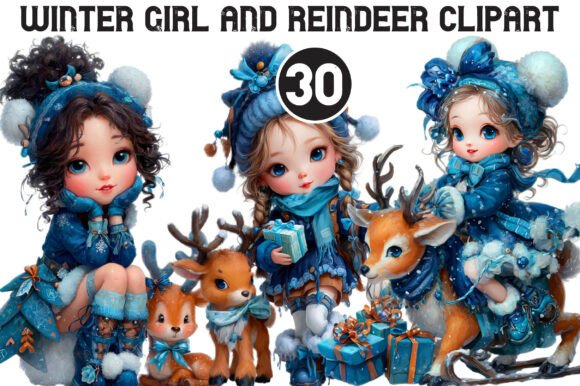 Winter Girl and Reindeer Clipart Illustration Illustrations Imprimables Par Black Bird Studio