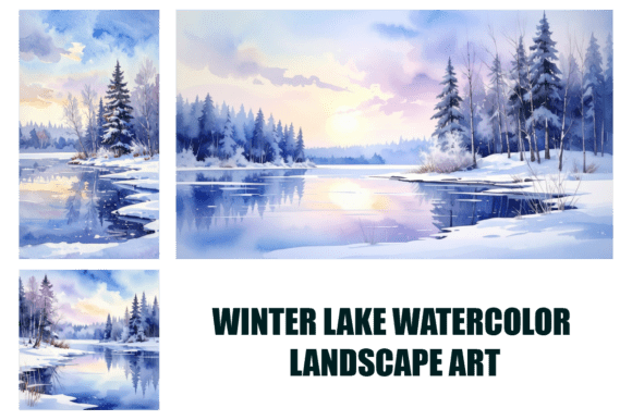 Winter Lake Watercolor Landscape Art