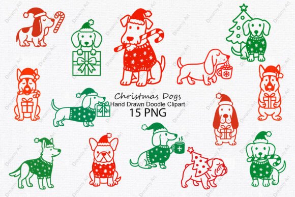 Hand Drawn Christmas Dogs Doodle Clipart