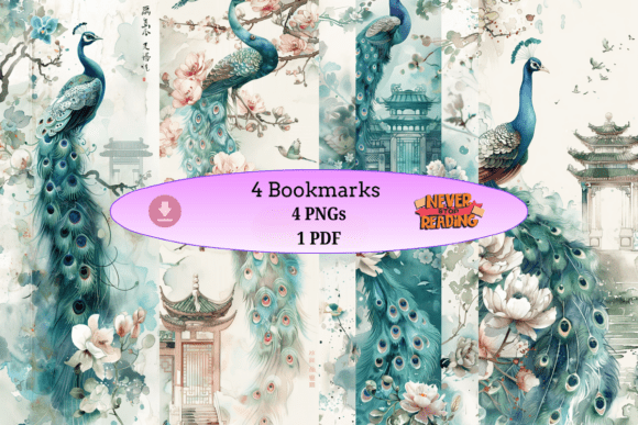 Oriental Peacock Garden Bookmarks Graphic Crafts By Velvet.Sparrow