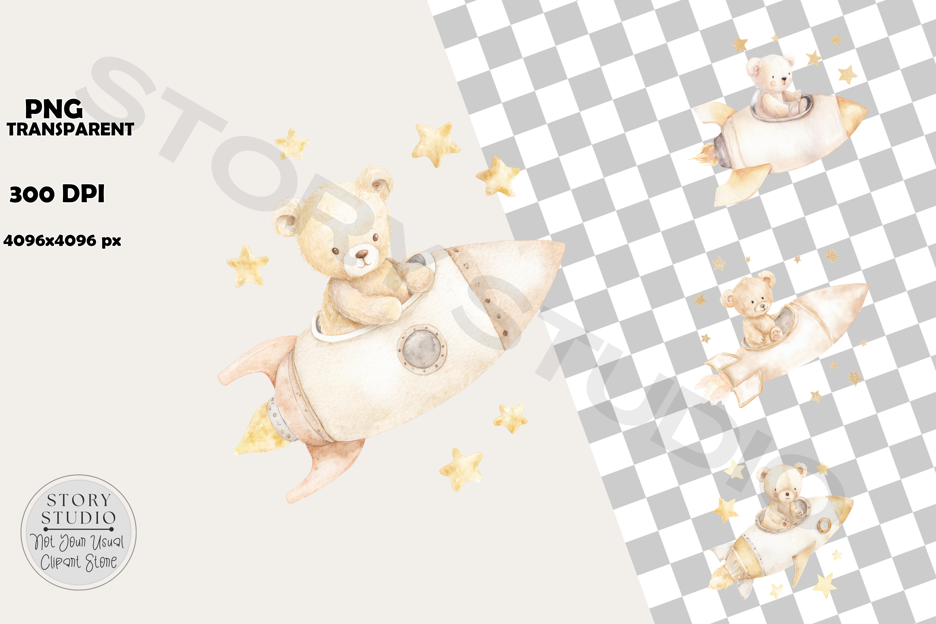 Watercolor Baby Bear Rocket Stars
