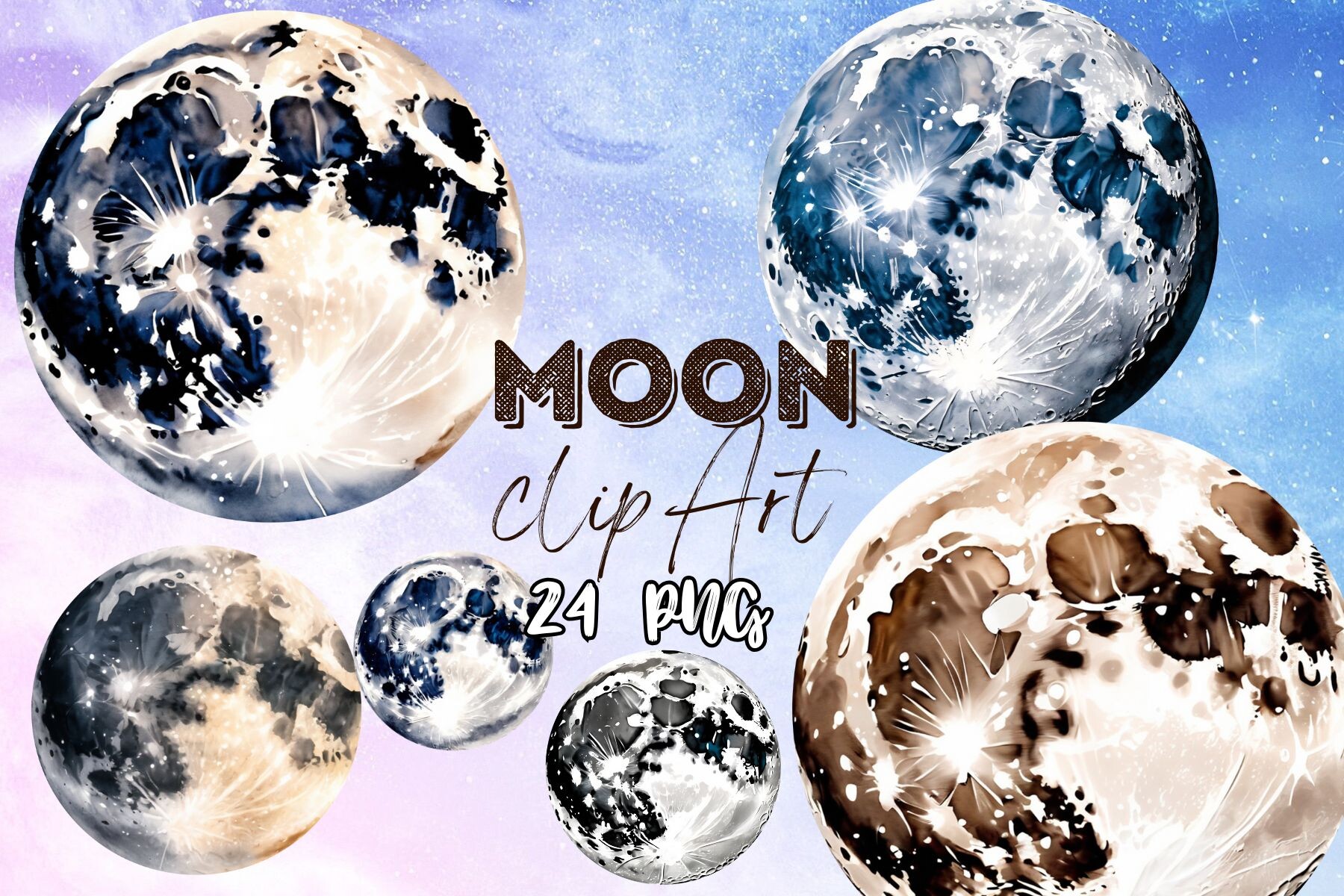 Watercolor Full Moon Clip Art Set