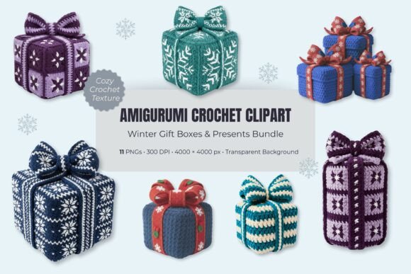 Winter Crochet Gift Boxes Clipart