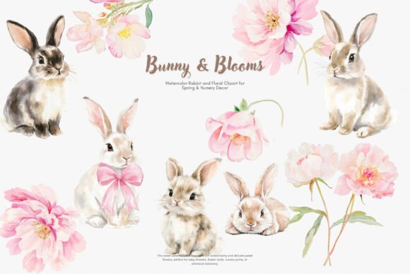 Bunny and Blooms Watercolor Clipart Set for nursery wall art