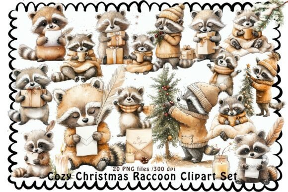 Cozy Christmas Raccoon Clipart Set Graphics