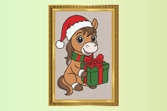Cute Christmas Pony with Gift Cross Stit