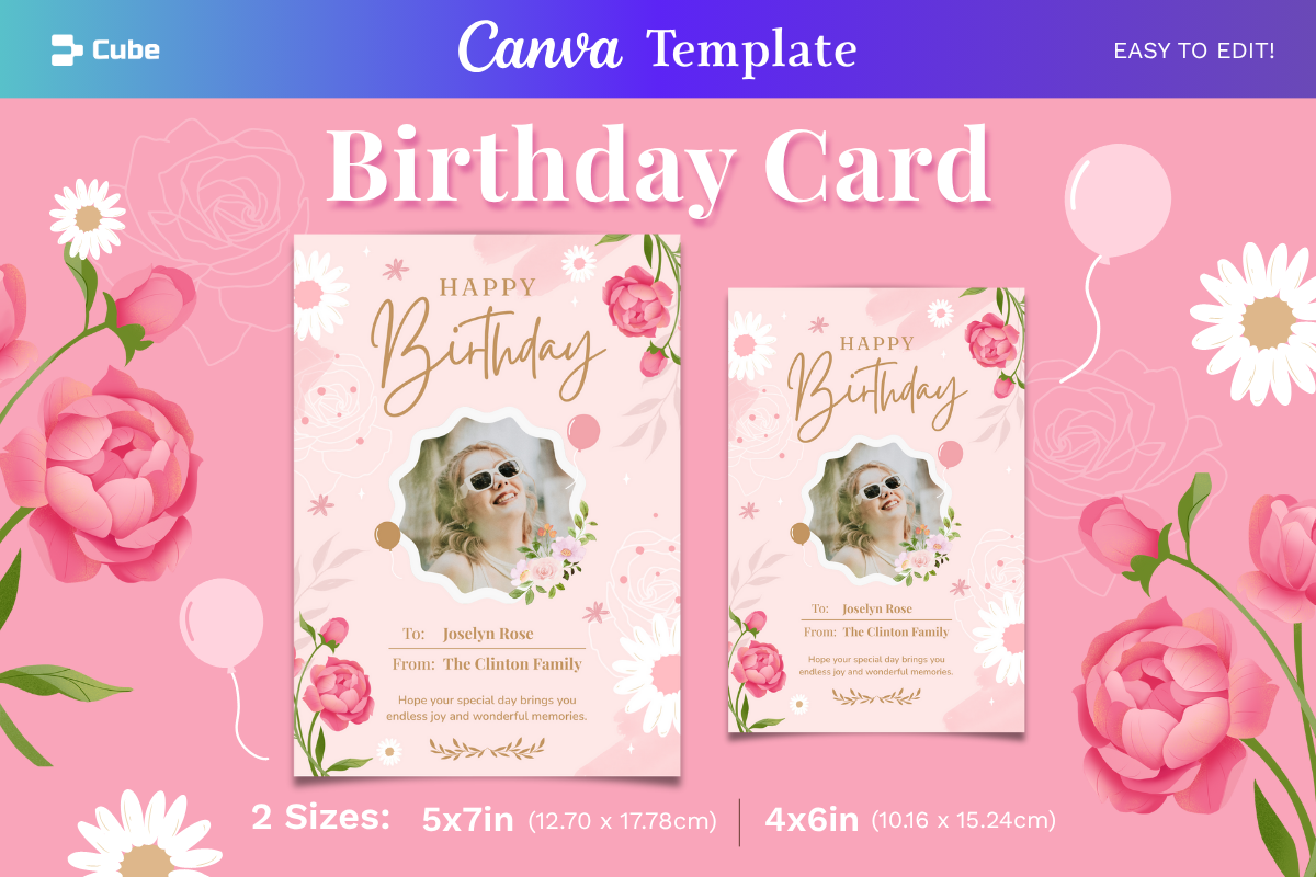 Pink Floral Birthday Card Canva Template
