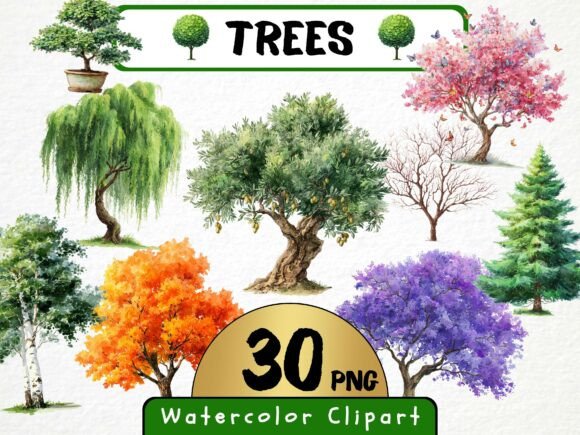 Watercolor Trees Clipart 30 PNG Graphic Illustrations By MokoDE