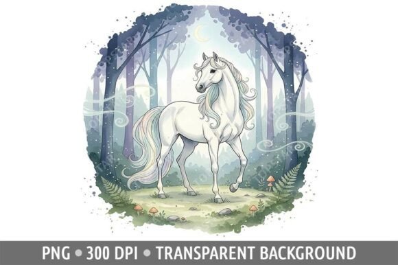 White Horse in Magical Forest Clipart
