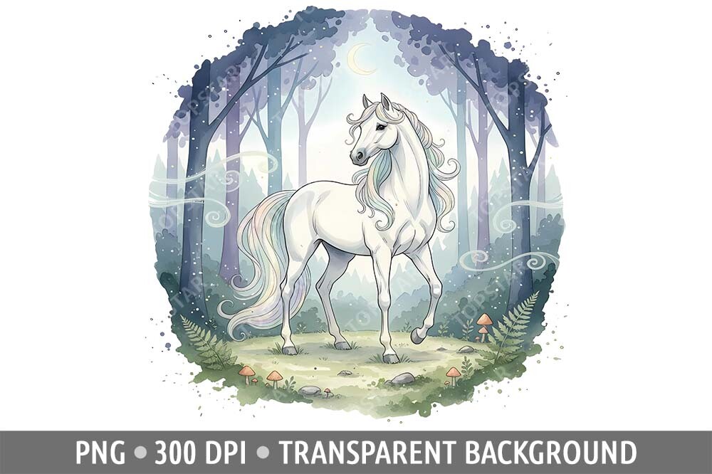 White Horse in Magical Forest Clipart