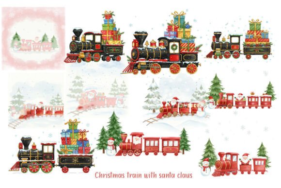 Christmas Train with Santa Claus and Snowman Graphic AI Illustrations By st