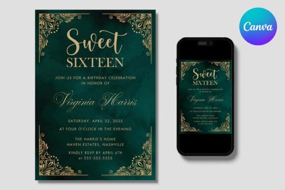 Green Sweet Sixteen 16 Birthday Invite