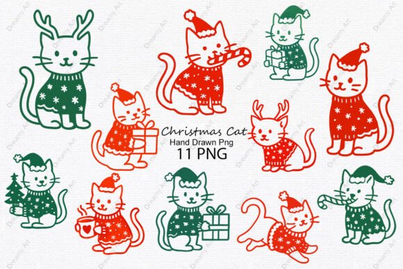 Hand Drawn Christmas Cat Png