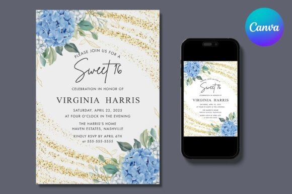 Blue Floral Sweet 16 Birthday Invitation