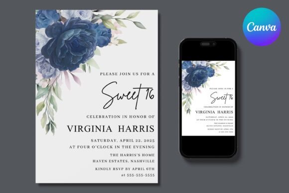 Blue Flower Sweet 16 Birthday Invitation