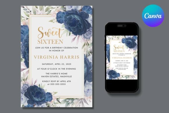 Blue Roses Sweet Sixteen Birthday Invite