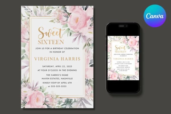 Blush Floral Sweet 16 Birthday Invite
