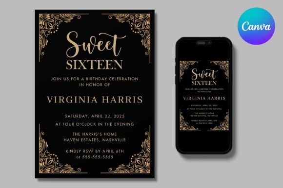 Gold Black Sweet Sixteen Birthday Invite