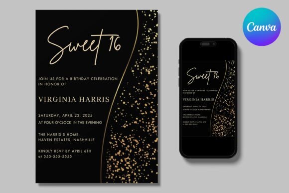 Gold Black Sweet Sixteen Birthday Invite