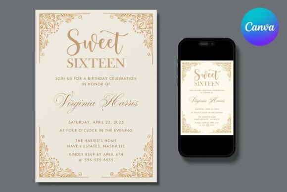 Gold Cream Sweet Sixteen Birthday Invite