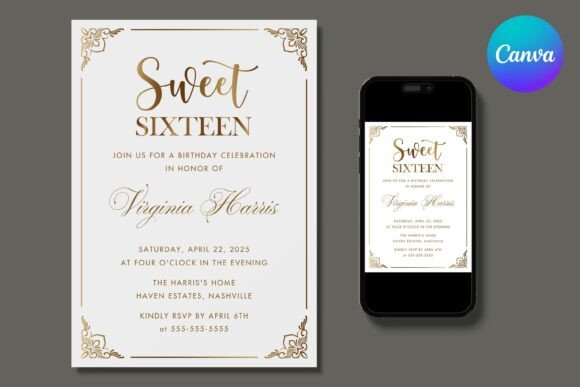Gold Frame Sweet Sixteen Birthday Invite